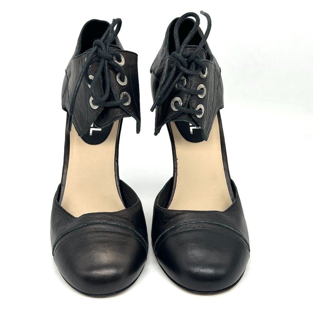 CHANEL 12C Cinema Lace Up Leather D'Orsay Pumps Sandals Shoes Heels Black - Picture 5 of 16